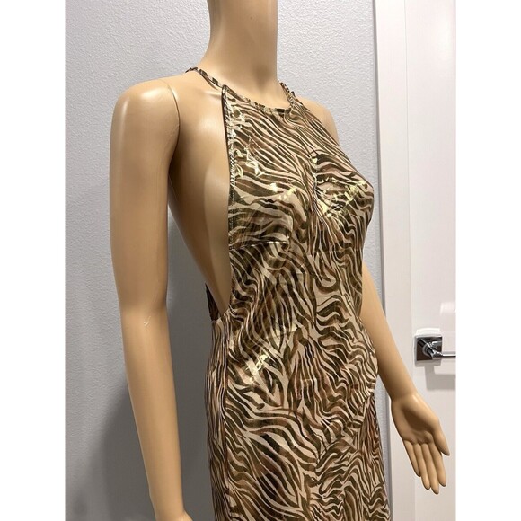 ZARA WOMEN SS24 MEDIUM FOIL ANIMAL PRINT MIDI HALTER GOLD DRESS 1165/164/035 - Picture 10 of 17